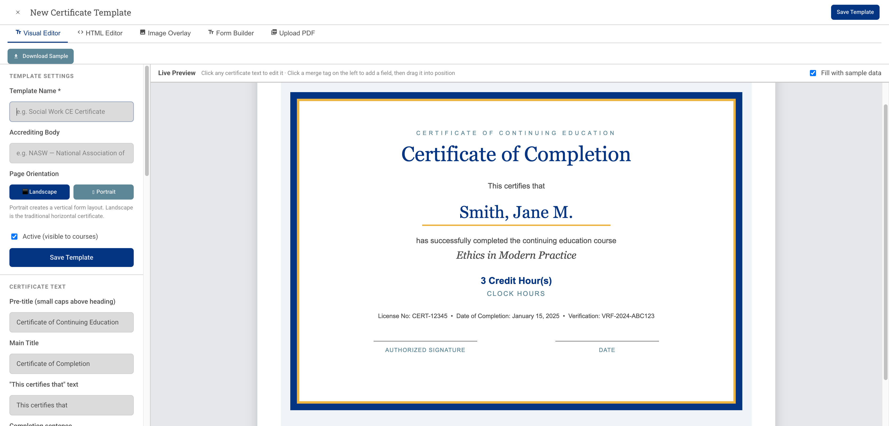 Certificate template editor with settings on the left and a continuing education certificate preview