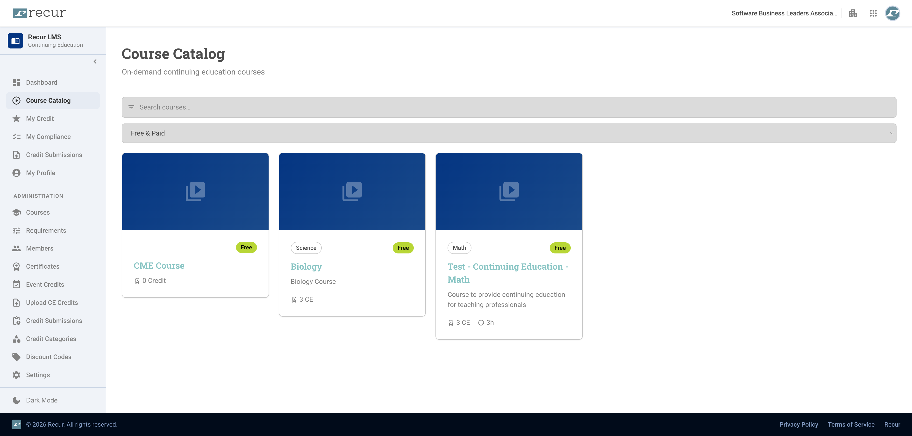 Recur LMS course catalog showing searchable continuing education courses and course cards