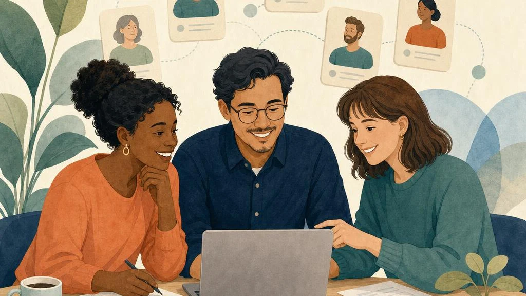 Illustration of a membership team organizing member records and planning together